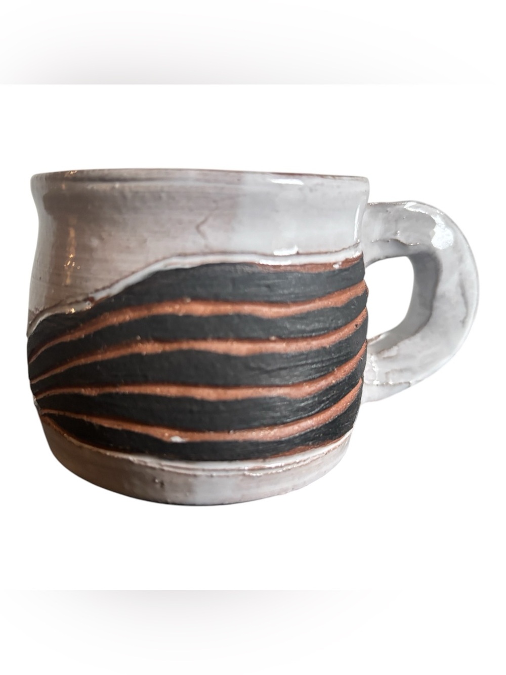 Handmade Rustic White Ceramic Studio Mug with Black and Terracotta Stripe Accent